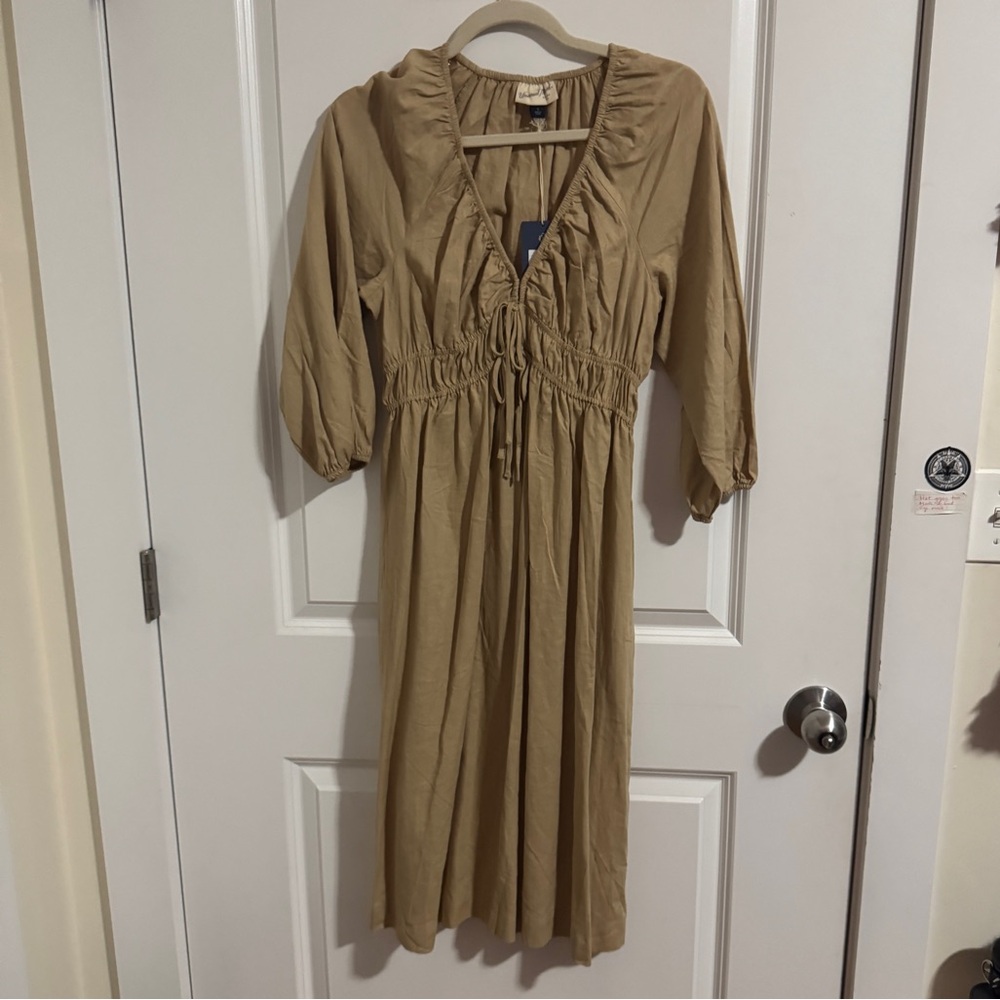 Tan Midi Dress with Cinched Details